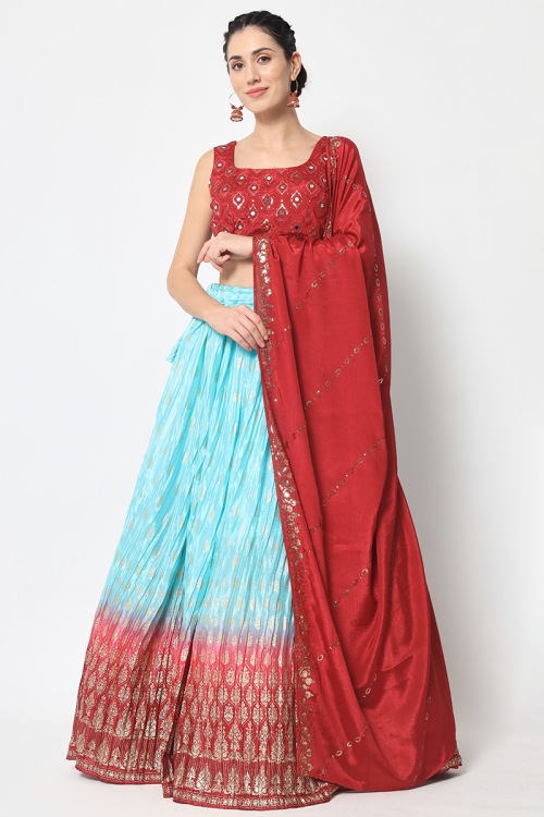 Foil Print Embroidered Chinnon Sky Blue Lehenga