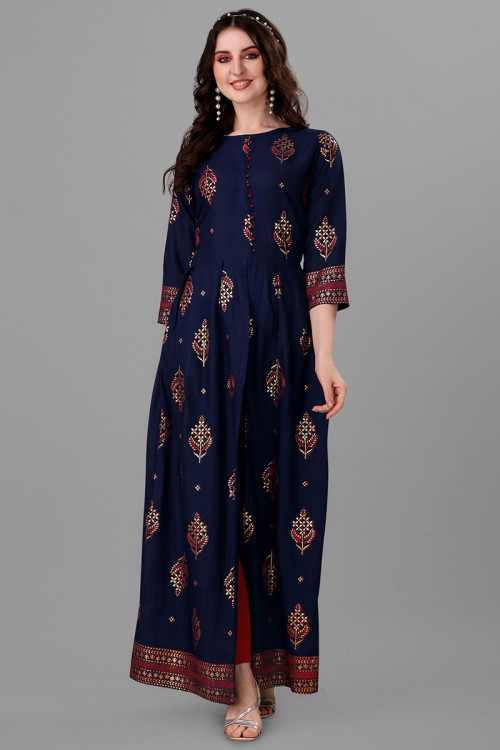 Rayon Kurti in Navy Blue colour with Foil Print for Casual Wear