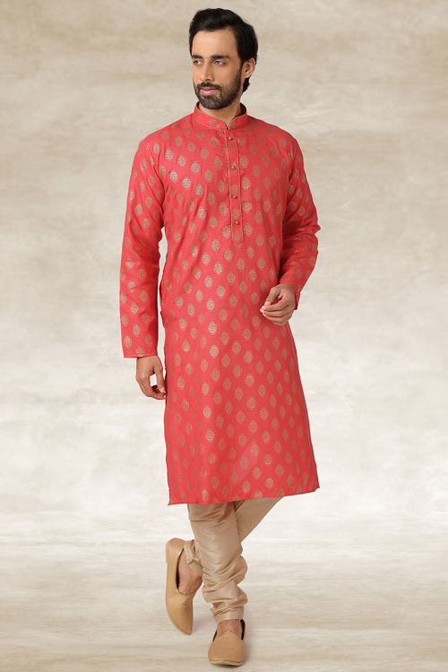 Foil Print Red Cotton Men's Straight Cut Kurta Churidar