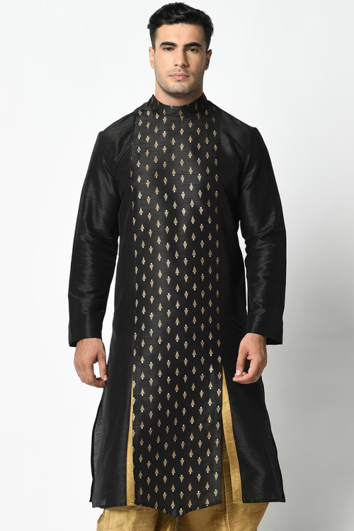 Foil Printed Black Dupion Silk Side Slit Men's Kurta 
