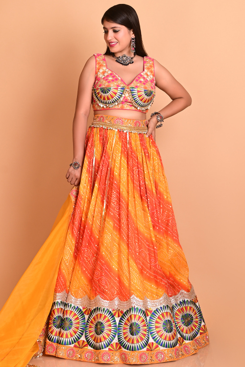 Foil Printed Orange Kota Doria Flared Style Lehenga
