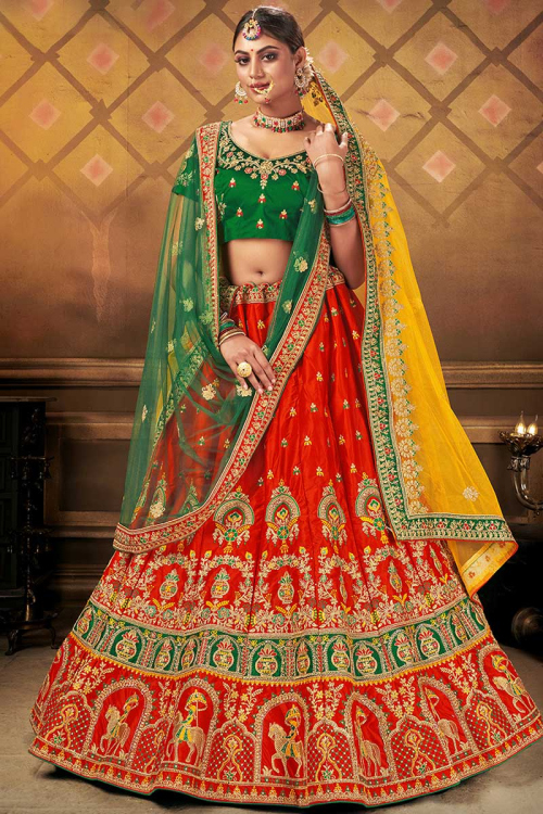 Red Satin Embroidered Lehenga