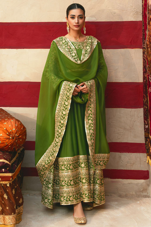Forest Green Art Silk Anarkali Suit with Sequins Work for Mehndi