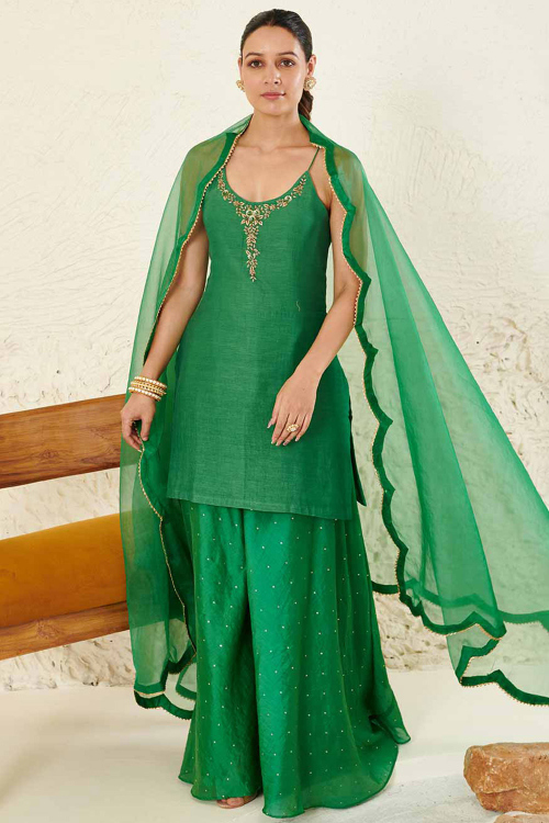 Forest Green Chanderi Silk Embroidered Palazzo Suit
