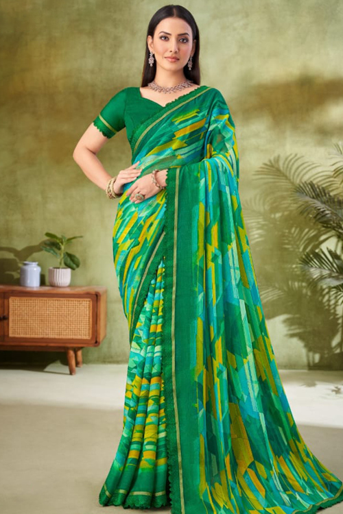 Forest Green Chiffon Saree With Printed For Casual Wear