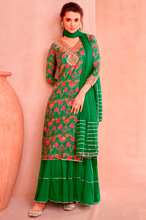 Forest Green Cotton Printed Ready Made Lehenga With Long Choli
