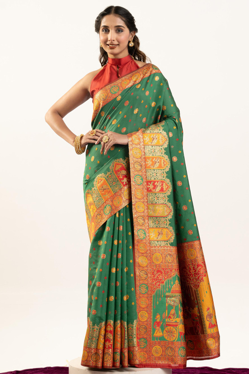 Forest Green Cotton Silk Saree With Weaved Work For Diwali