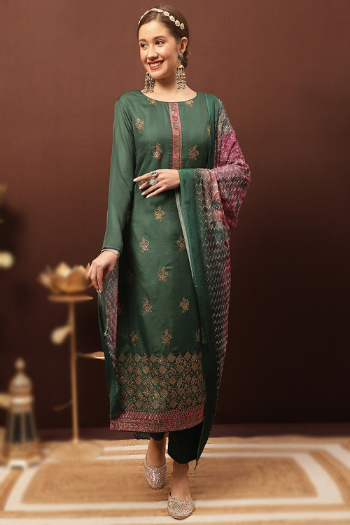 Forest Green Embroidered Casual Wear Cotton Rayon Trouser Suit 