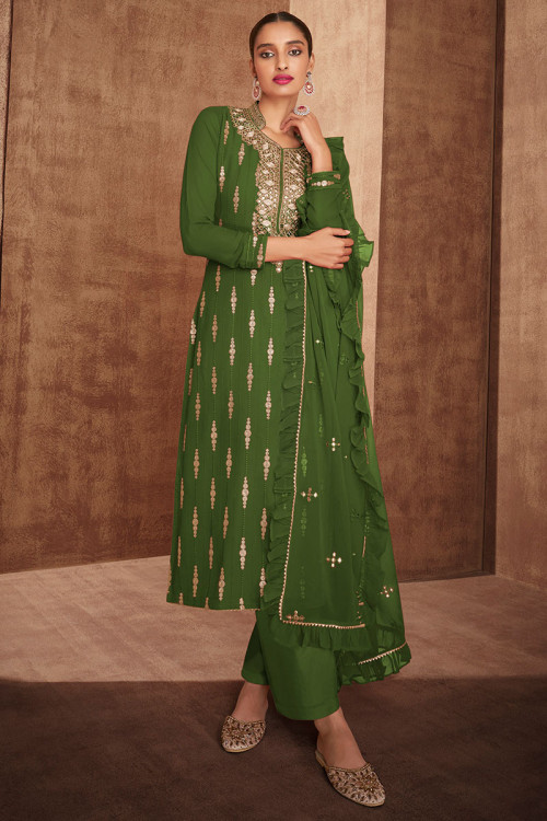 Forest Green Georgette Embroidered Trouser Suit For Eid