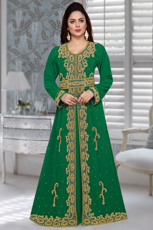 Forest Green Georgette Front Slit Embroidered Kurti