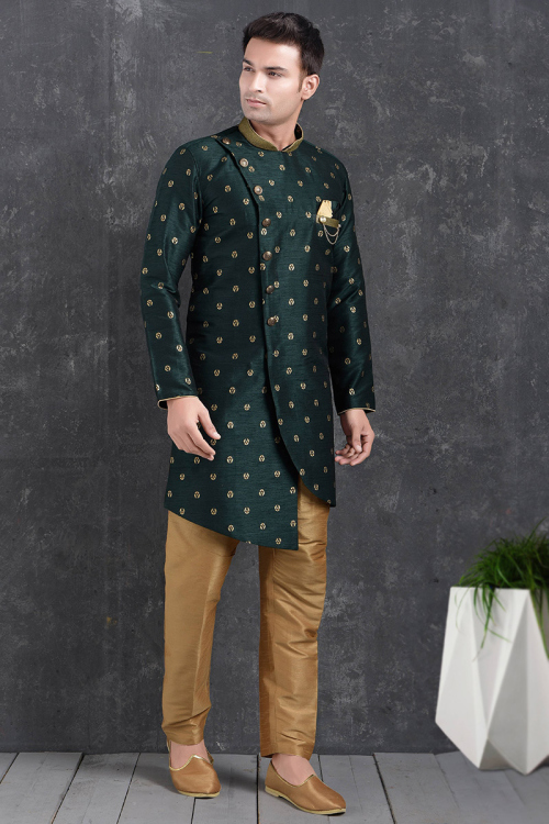Forest Green Jacquard Embroidered Asymmetrical Men's Sherwani
