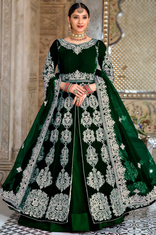 Forest Green Mirror Blouse with Plain Lehenga & Dupatta | Plain lehenga, Green  lehenga, Organza lehenga