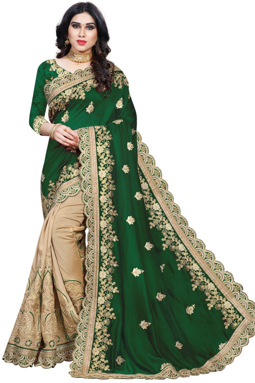 Forest Green And Beige Silk Saree for Eid
