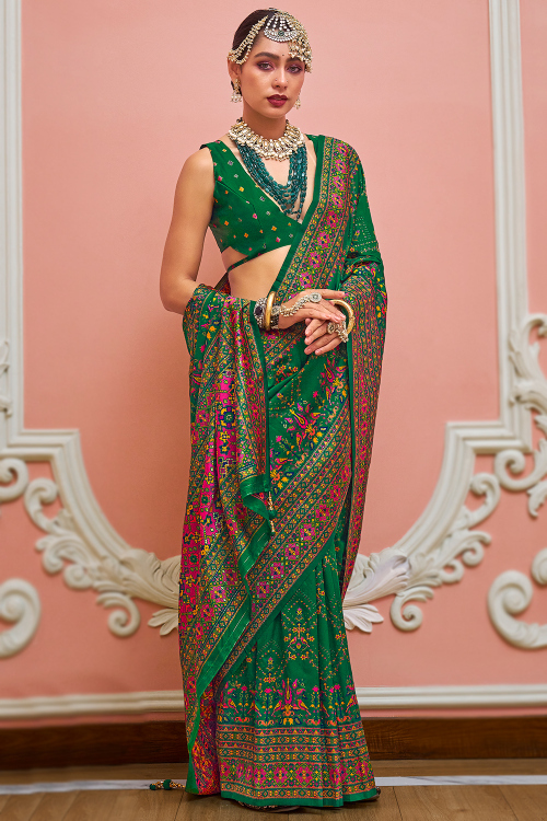 Forest Green Soft Silk Weaved Broad Border Saree 