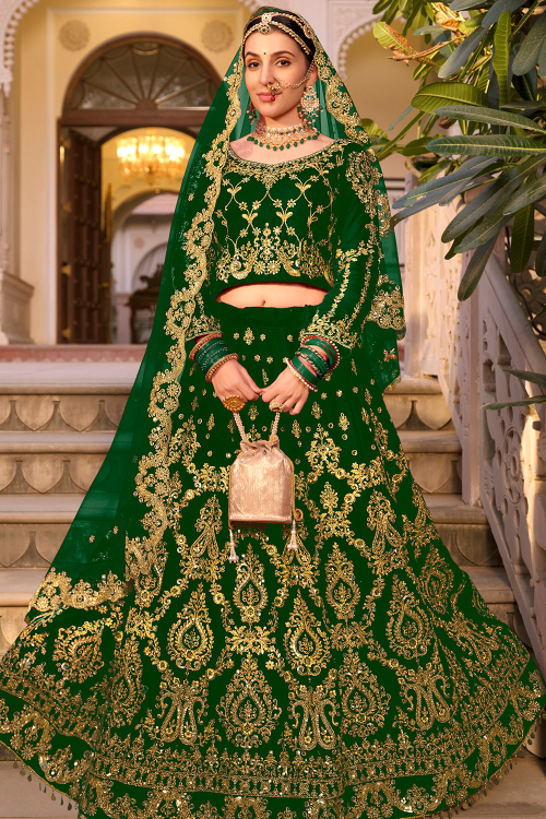 Forest Green Velvet Lehenga with Mirror & Zari Embroidery