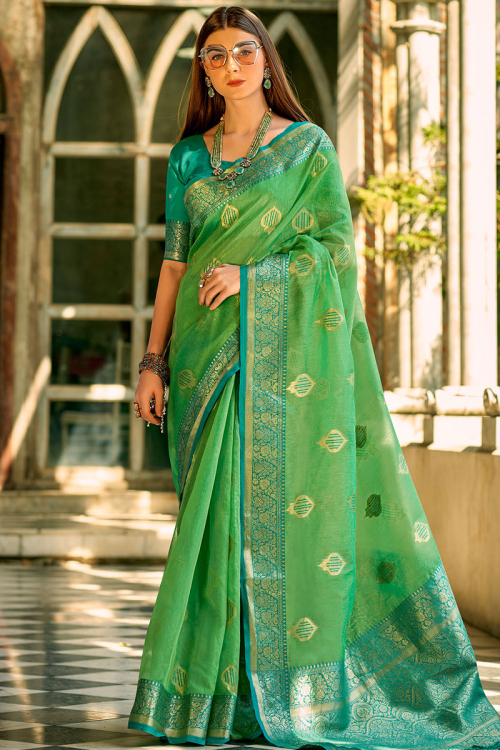 Forest Green Weaved Zari Tussar Silk Broad Border Saree 