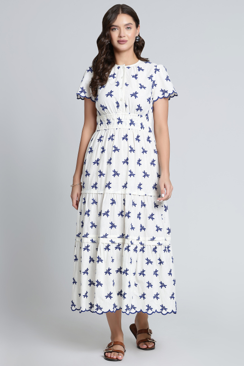 White Cotton Embroidered Tiered Midi Dress