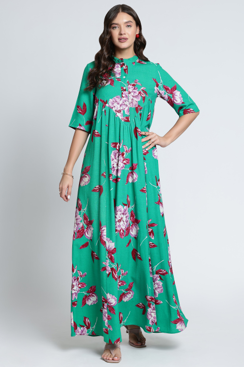Floral Print Cotton Dress With Mandarin Collar