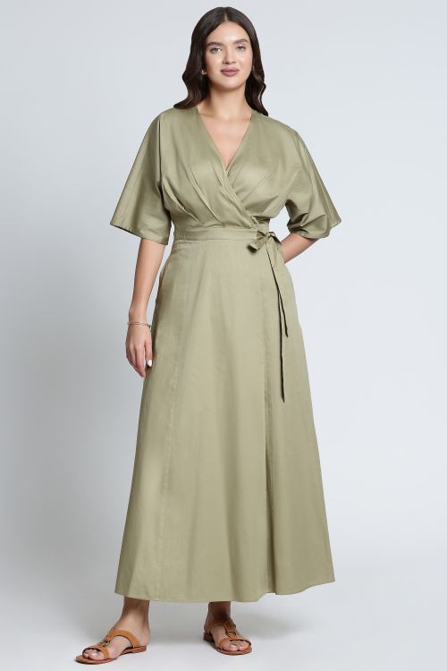 Sage Green Cotton Wrap Dress With Kimono Sleeves