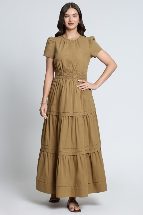 Light Brown Puff-Sleeve Tiered Midi Dress In Cotton Fabric