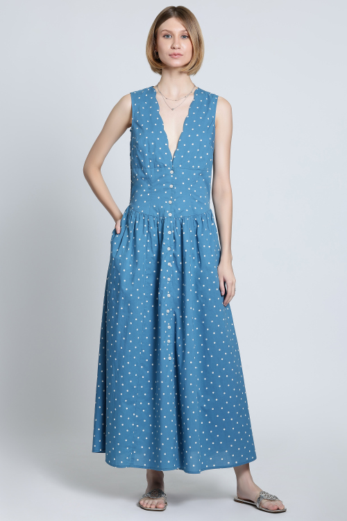 Blue Polka Dot Sleeveless V-Neck Button-Down Midi Dress