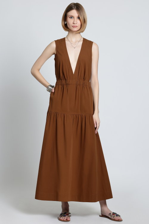 Rust Brown Deep V-Neck Sleeveless Tiered Midi Dress