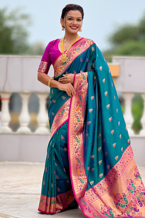 Fuchsia Pink Art Silk Weaved Paithani Saree 