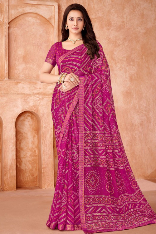 Fuchsia Pink Chiffon Bandhej Print Casual Wear Saree 