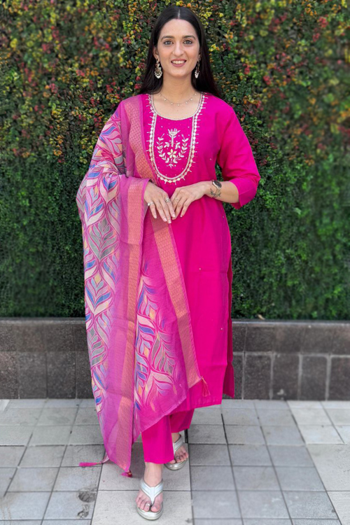 Fuchsia Pink Cotton Trouser Suit With Sequins Work For Festival