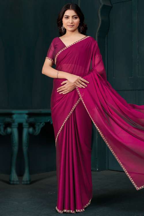 Fuchsia Pink Crepe Saree With Stone Work For Diwali