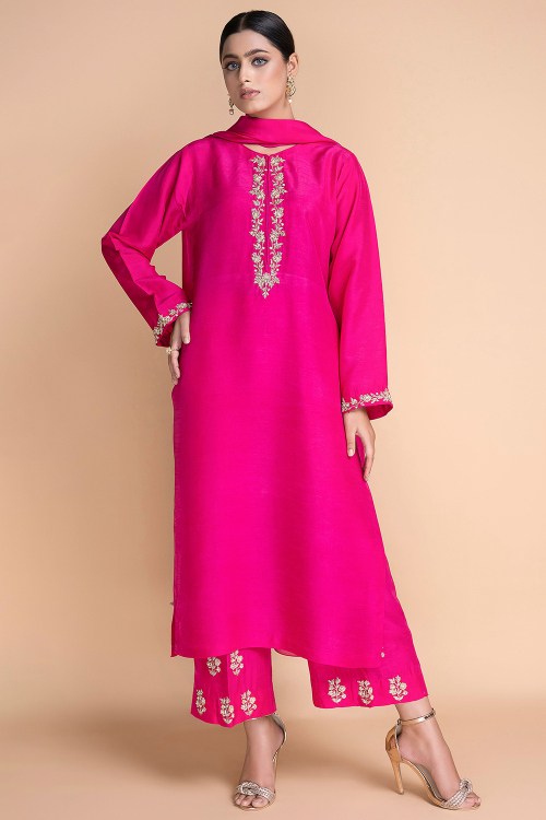 Fuchsia Pink Silk Embroidered Trouser Suit For Party