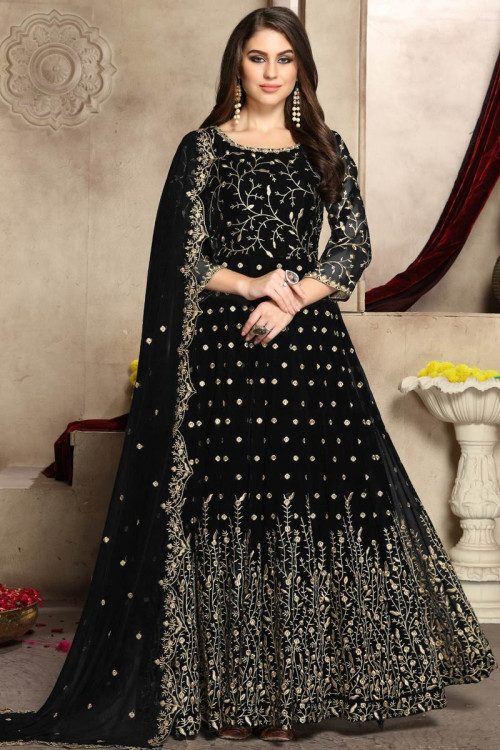 Georgette Eid Anarkali Suit In Black Color with Zari Work