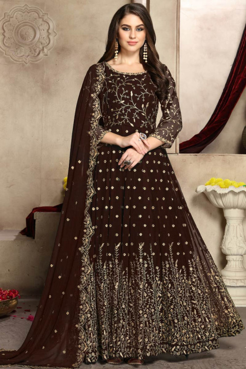 Georgette Eid Anarkali Suit In Dark Brown Color