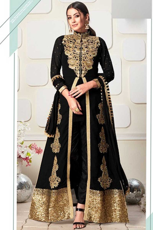Georgette Anarkali with Straight Pant Suit in Black Color