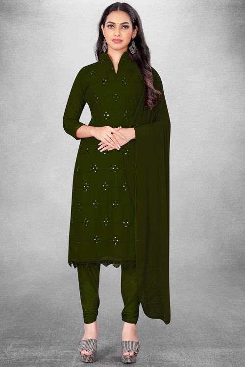 Georgette Army Green Embroidered Straight Cut Churidar Suit