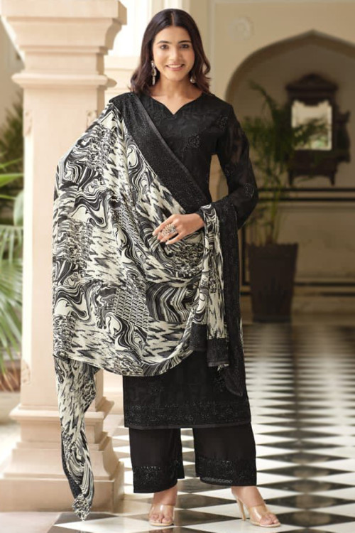 Georgette Black Embroidered Palazzo Suit For Sangeet 