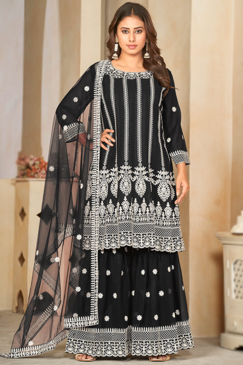 Georgette Black Embroidered Wedding Sharara Suit