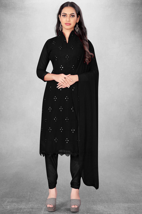 Georgette Black Embroidered Straight Cut Churidar Suit 