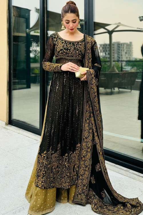 Georgette Black Embroidered Straight Cut Palazzo Suit 