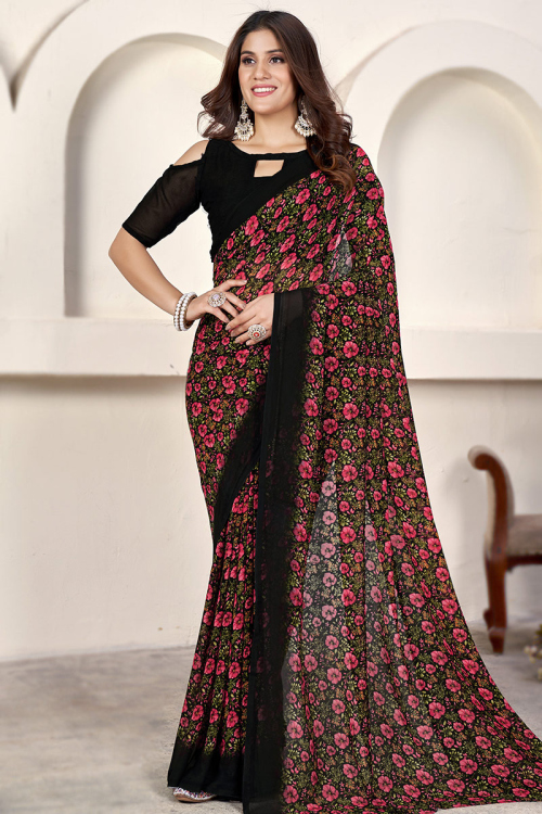 Georgette Black Floral Printed Saree