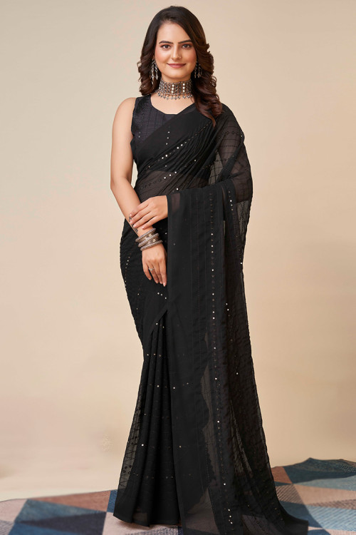 Georgette Black Light Weight Sequins Embroidered Saree