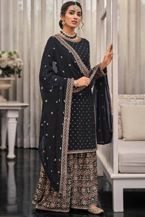 Georgette Black Resham Thread Embroidered Sharara Suit