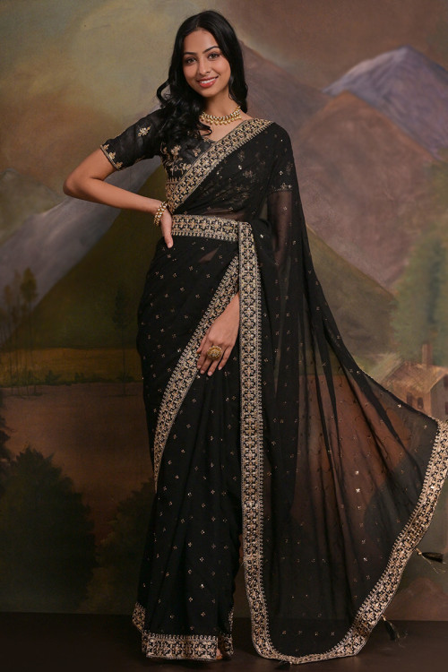Buy Black Georgette Embroidered Sequins Boat Saree With Blouse For