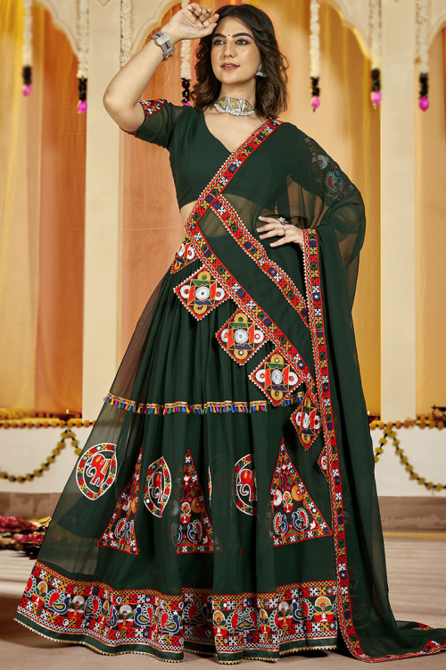 Georgette Bottle Green Embroidered Flared Style Chaniya Choli