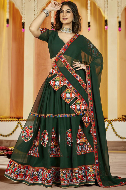 Georgette Bottle Green Embroidered Flared Style Chaniya Choli