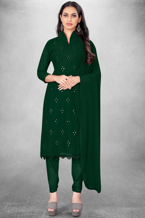 Georgette Bottle Green Embroidered Straight Cut Churidar Suit