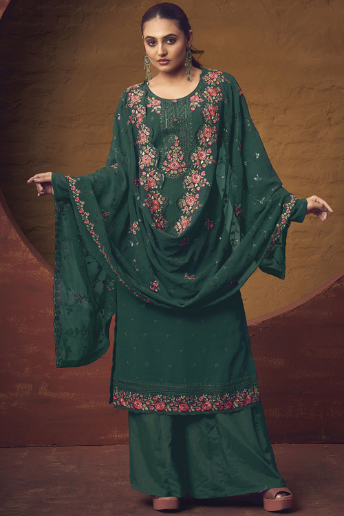 Georgette Bottle Green Embroidered Straight Cut Palazzo 