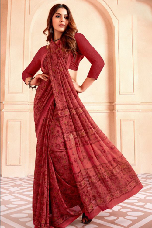 Georgette Brick Red Shade Printed Casual Wear Saree