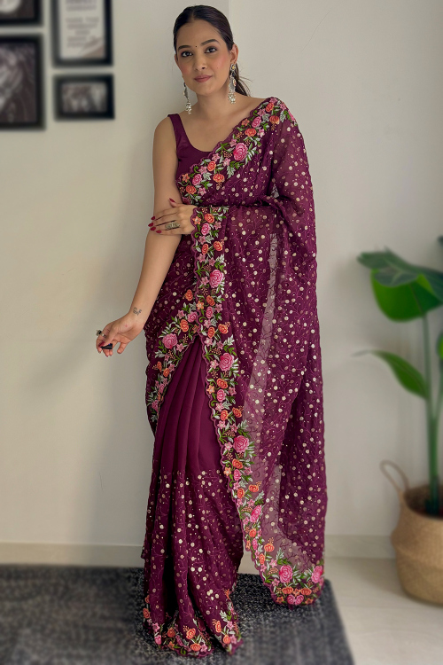Burgundy Maroon Georgette Embroidered Light Weight Saree