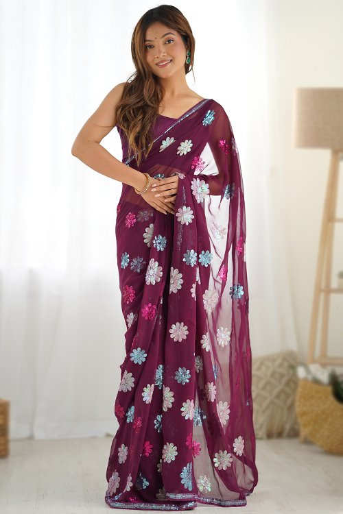 Georgette Burgundy Maroon Saree with Embroidery for Weddings